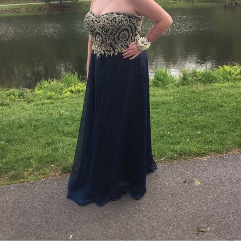 Elegant Strapless Navy and Gold Evening Gown